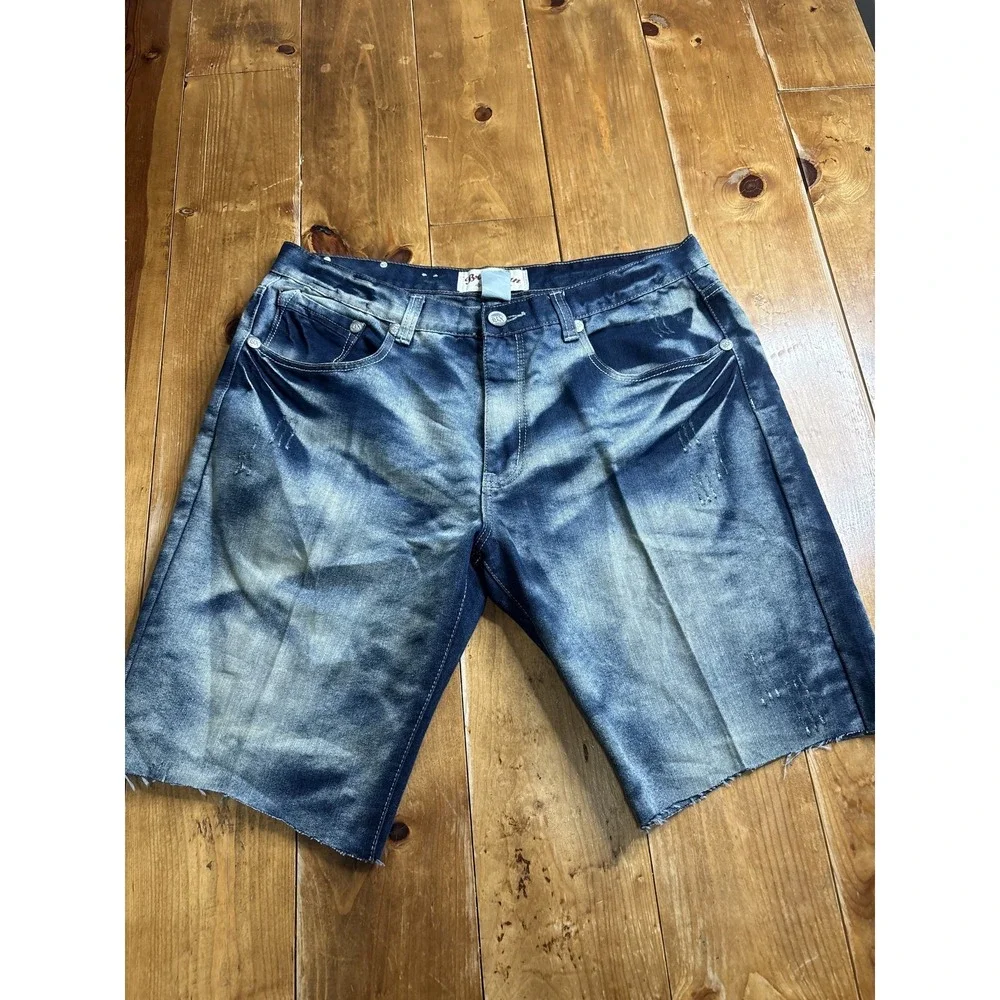 Brooklyn XPRESS Men's 40 Acid Wash Distressed Denim Shorts Raw Hem Button Fly